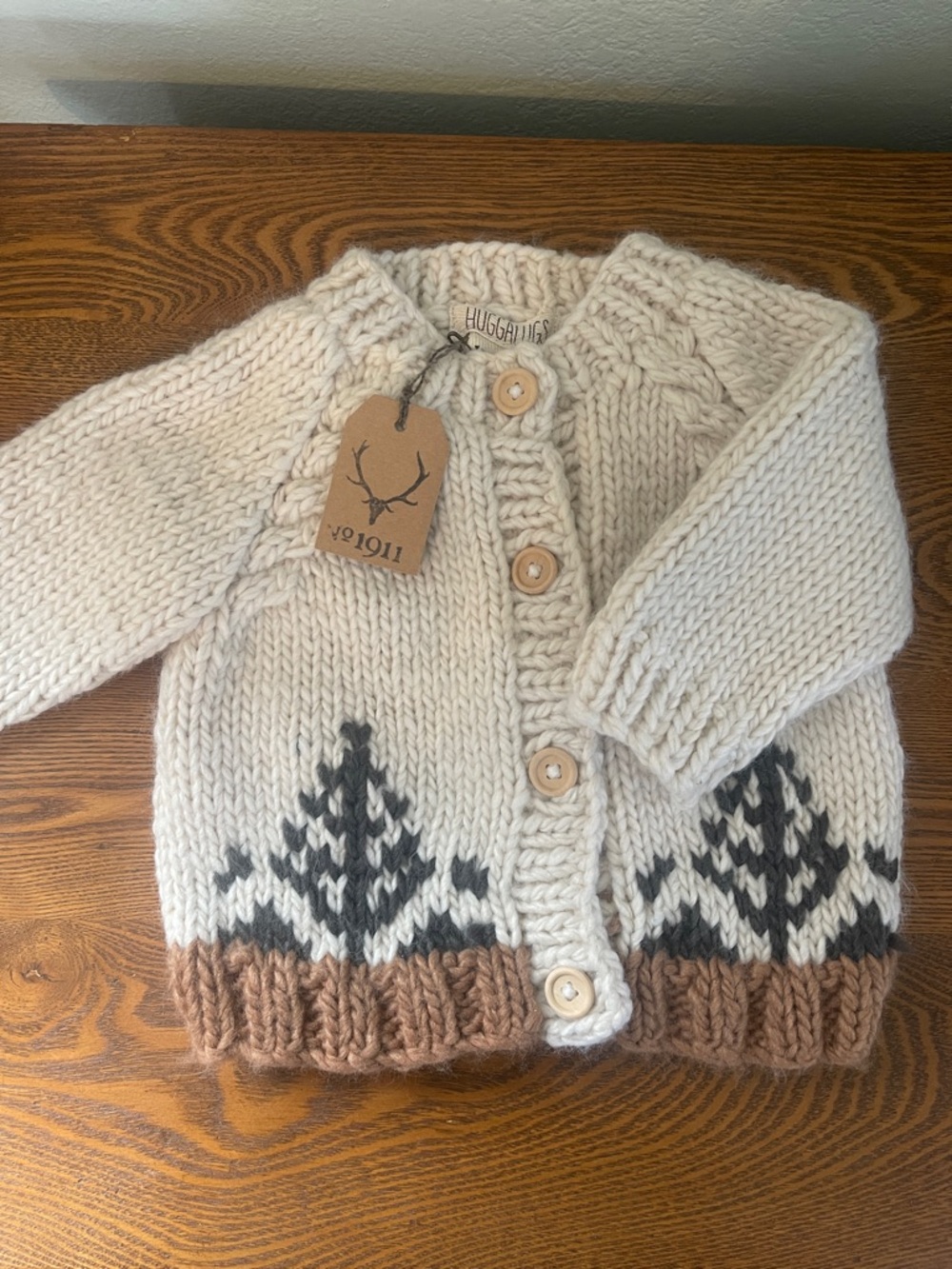 Cream Knit Baby Cardigan with Brown Trim